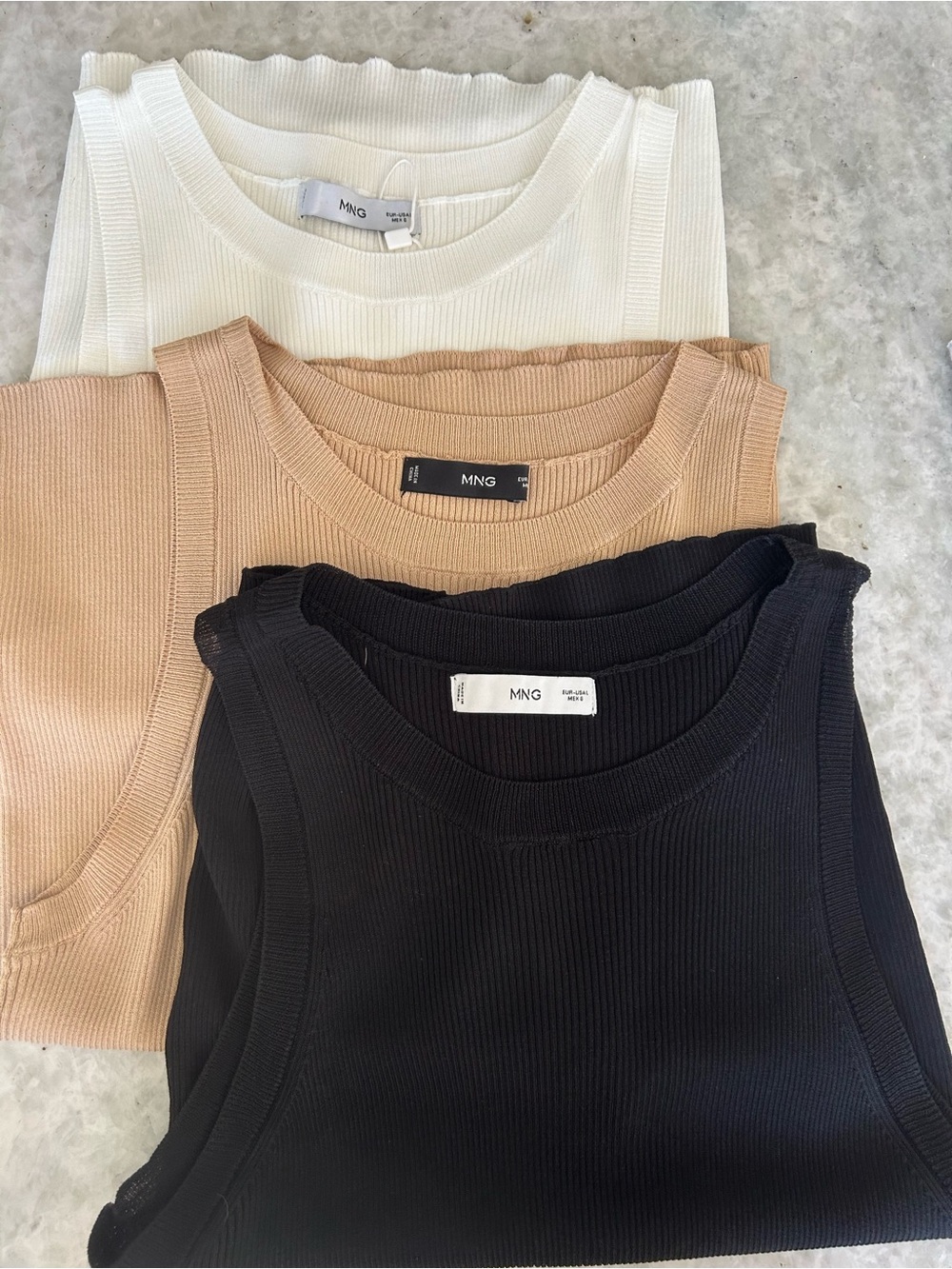 Set of 3 Mango Ribbed Tank Trio in Black, Cream & Tan